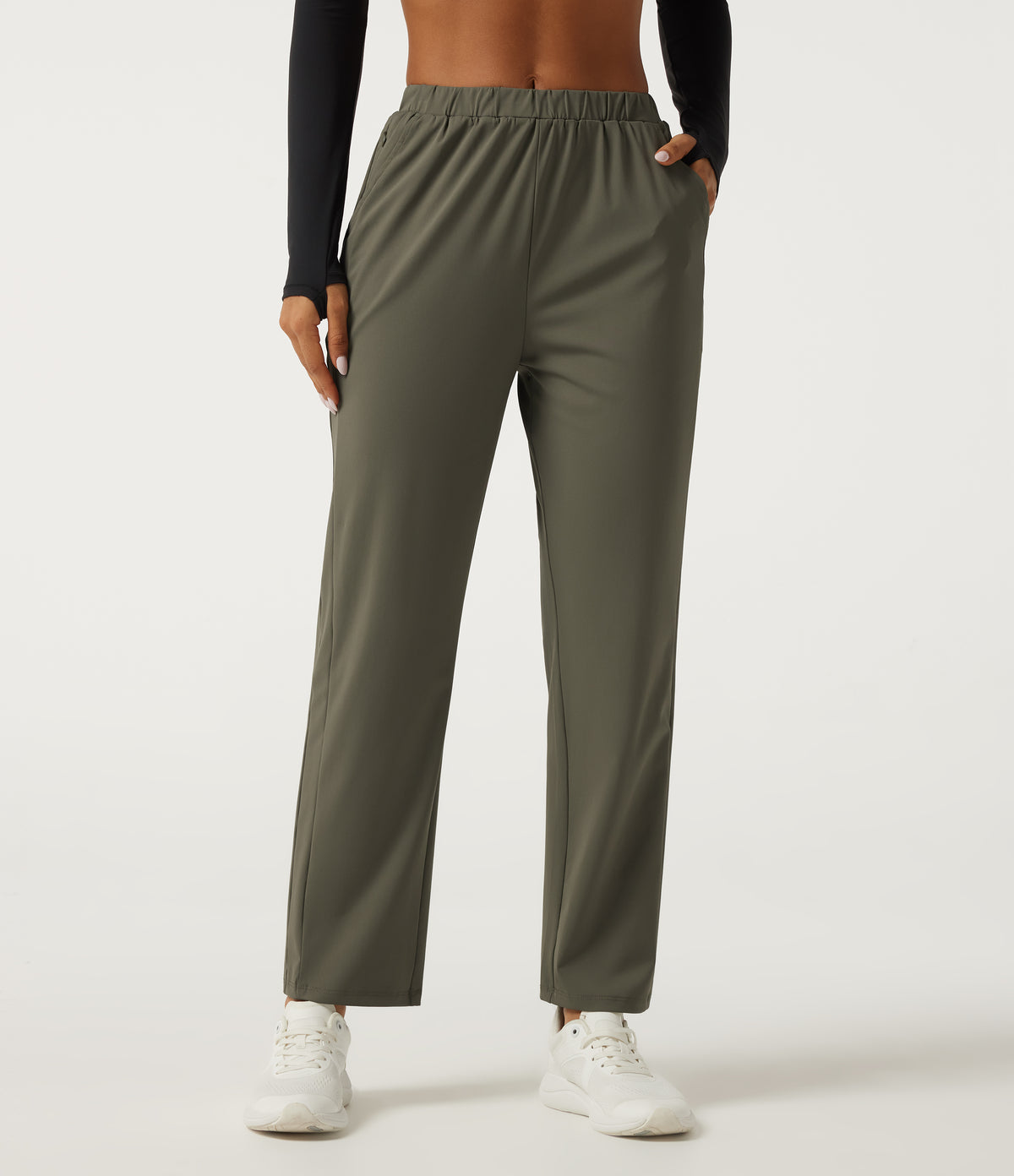 Wrinkle Recovery Mid Rise Quick Dry Workout Trousers with Pockets — Grass Grey Green — view 3