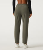 Wrinkle Recovery Mid Rise Quick Dry Workout Trousers with Pockets — Grass Grey Green — view 2