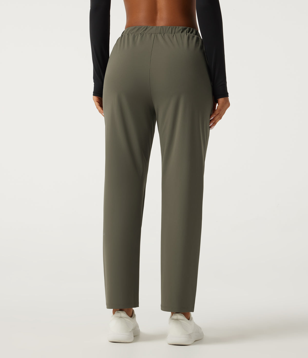 Wrinkle Recovery Mid Rise Quick Dry Workout Trousers with Pockets — Grass Grey Green — view 2