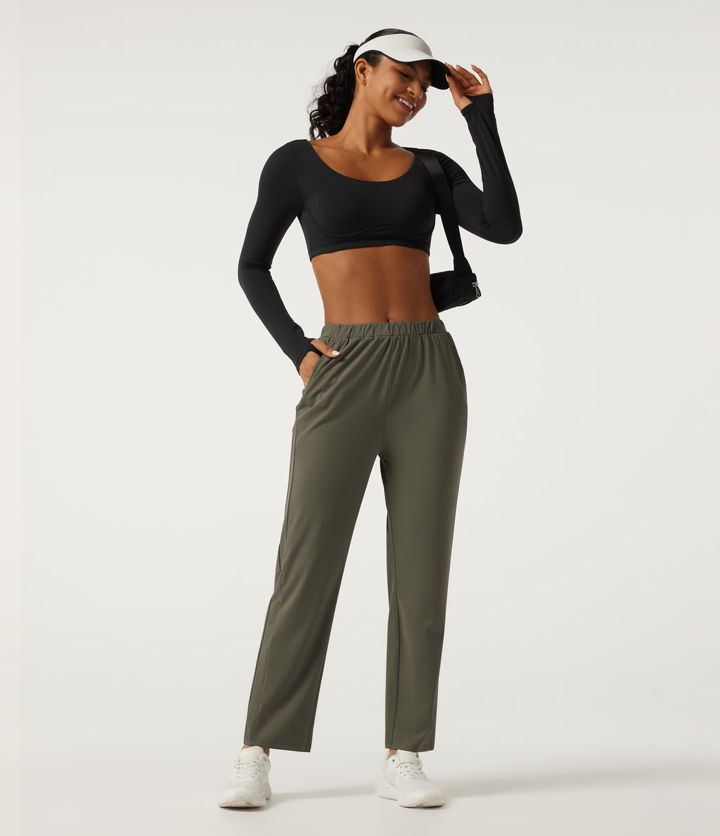 Wrinkle Recovery Mid Rise Quick Dry Workout Trousers with Pockets — Grass Grey Green — view 7