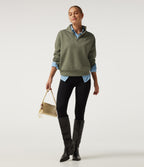 Mock Neck Dropped Half Zip Long Sleeve Casual Sweatshirt — Celery Leaf Green — view 7