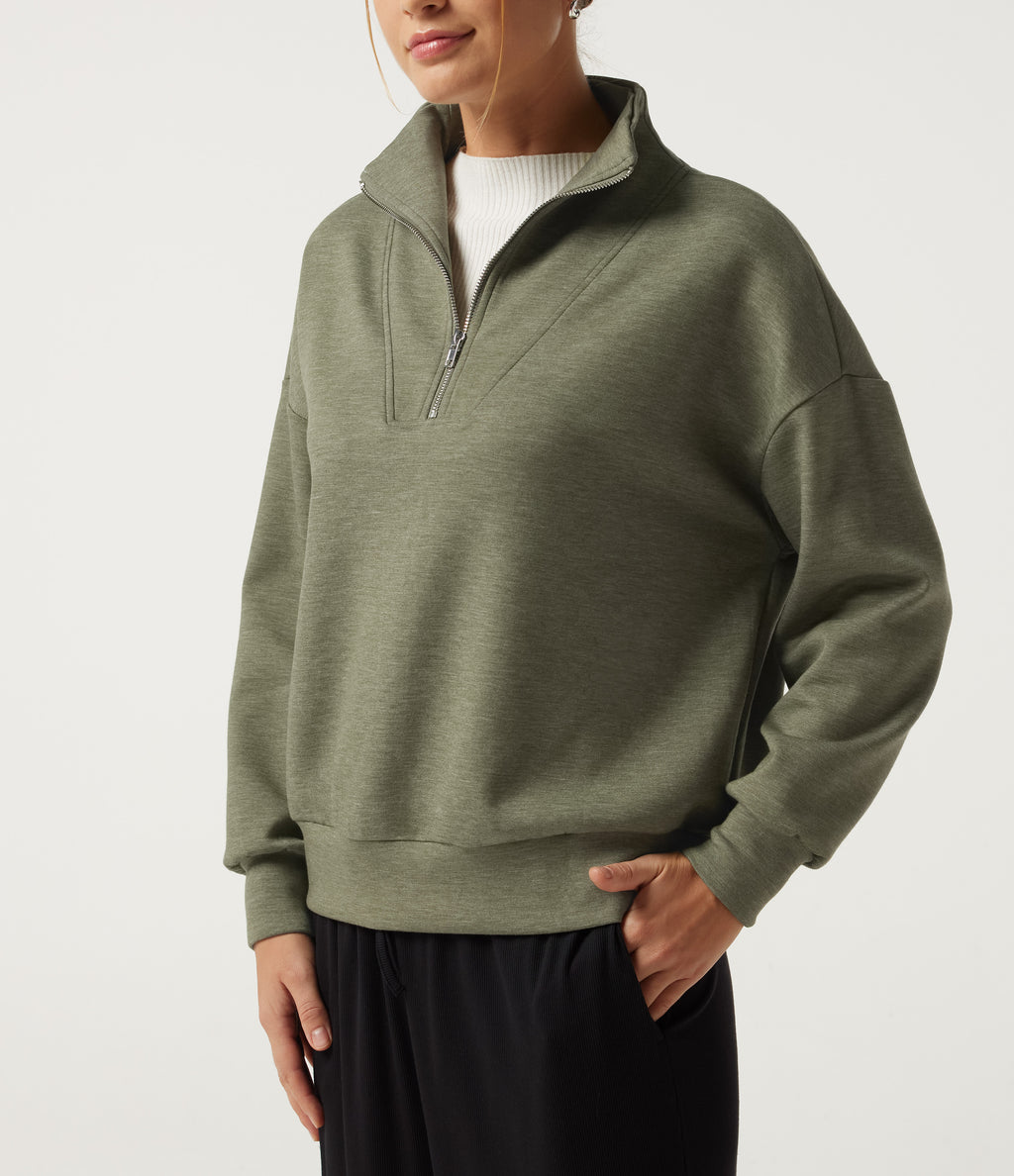 Mock Neck Dropped Half Zip Long Sleeve Casual Sweatshirt — Celery Leaf Green — view 5