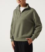 Mock Neck Dropped Half Zip Long Sleeve Casual Sweatshirt — Celery Leaf Green — view 5