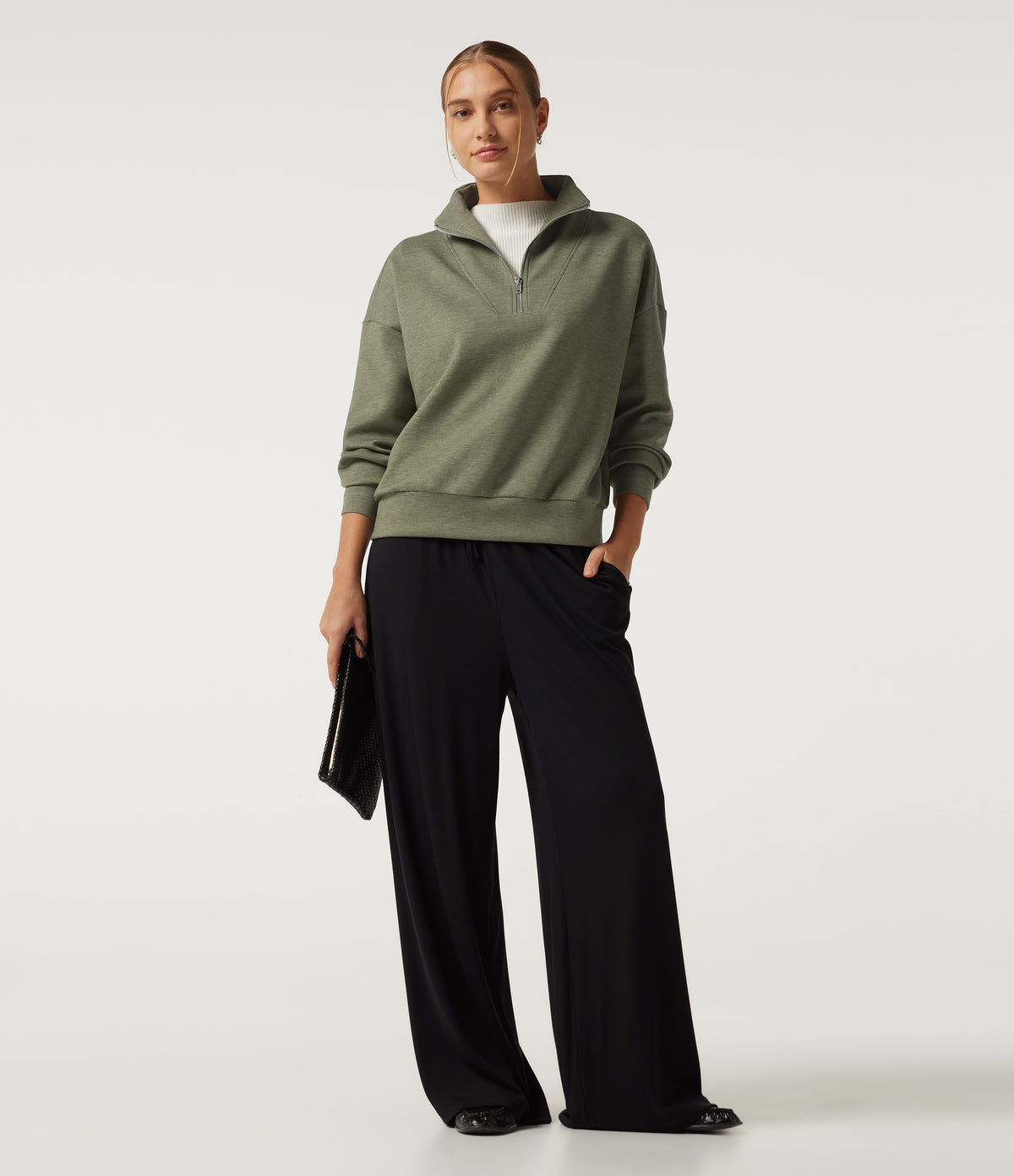 Mock Neck Dropped Half Zip Long Sleeve Casual Sweatshirt — Celery Leaf Green — view 8
