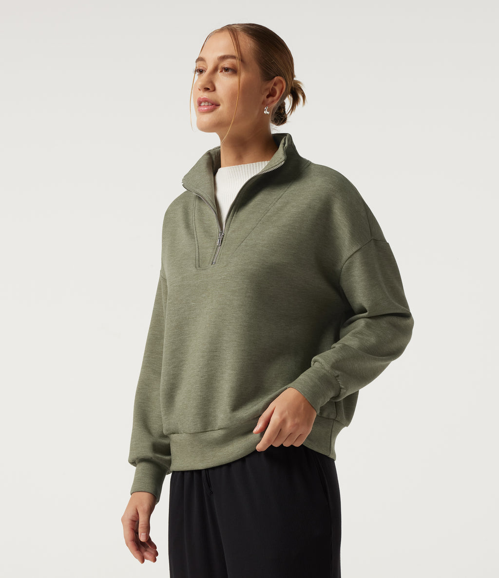 Mock Neck Dropped Half Zip Long Sleeve Casual Sweatshirt — Celery Leaf Green — view 3