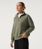 Mock Neck Dropped Half Zip Long Sleeve Casual Sweatshirt — Celery Leaf Green — view 3