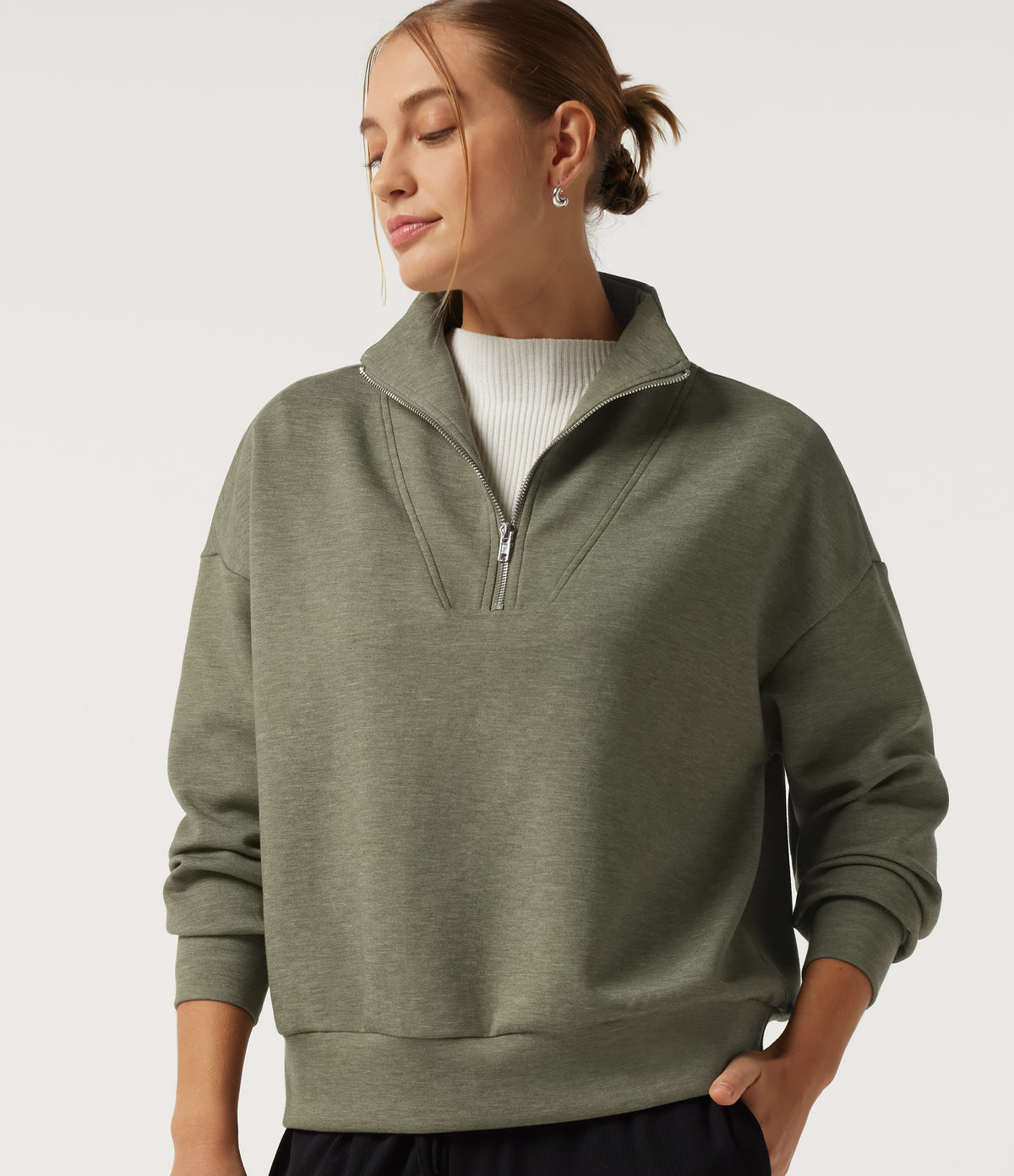 Mock Neck Dropped Half Zip Long Sleeve Casual Sweatshirt — Celery Leaf Green — view 1