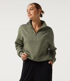 Mock Neck Dropped Half Zip Long Sleeve Casual Sweatshirt — Celery Leaf Green — view 4
