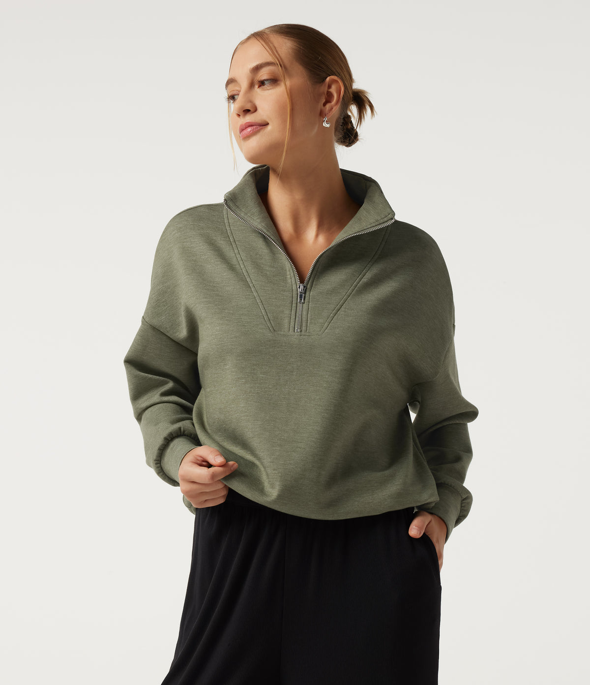 Mock Neck Dropped Half Zip Long Sleeve Casual Sweatshirt — Celery Leaf Green — view 4