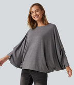 Round Neck Batwing Long Sleeve Oversized Casual T-Shirt B-DD Cups — Darl Gray Floral Yarn — view 1