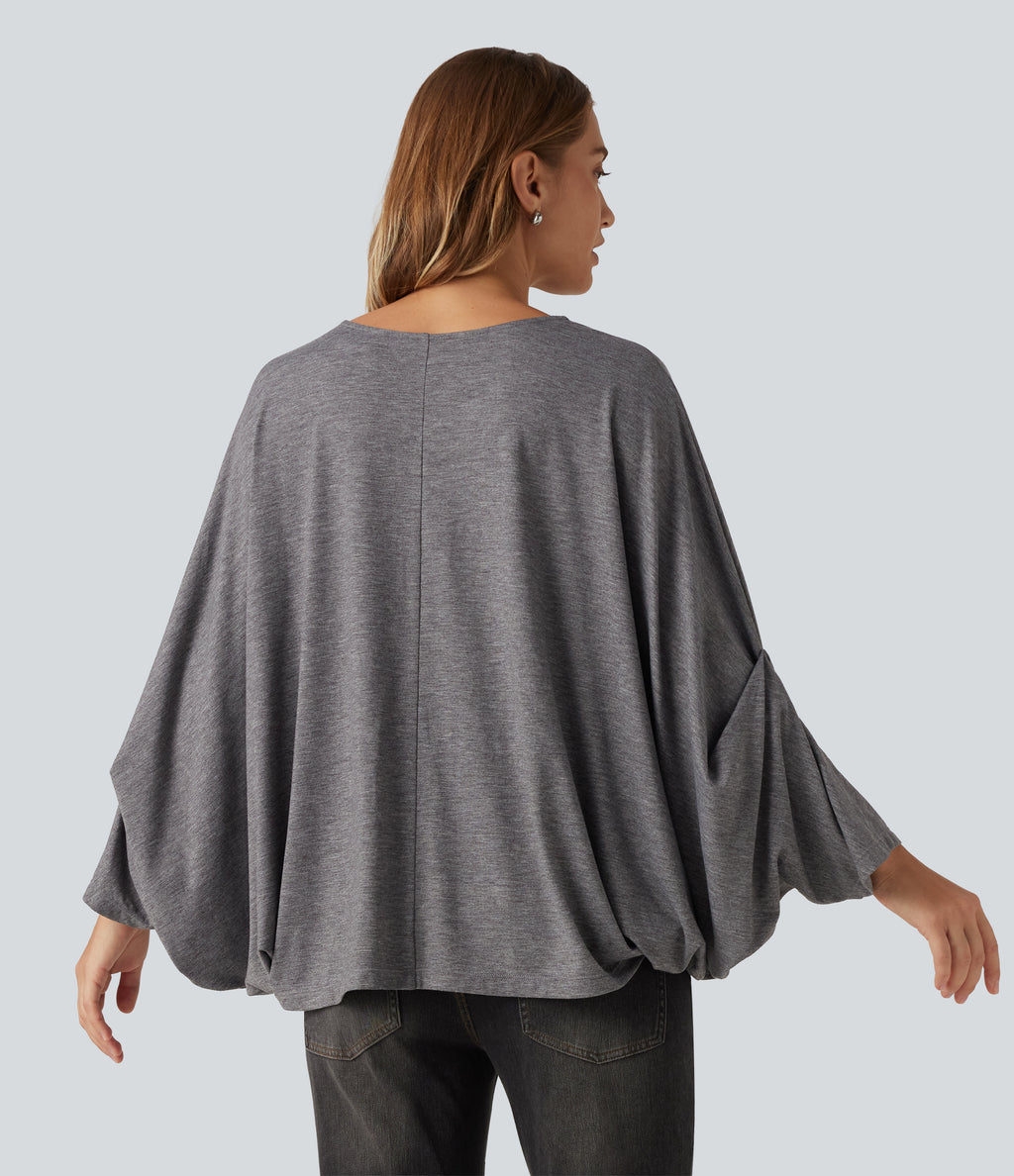 Round Neck Batwing Long Sleeve Oversized Casual T-Shirt B-DD Cups — Darl Gray Floral Yarn — view 2
