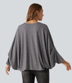Round Neck Batwing Long Sleeve Oversized Casual T-Shirt B-DD Cups — Darl Gray Floral Yarn — view 2