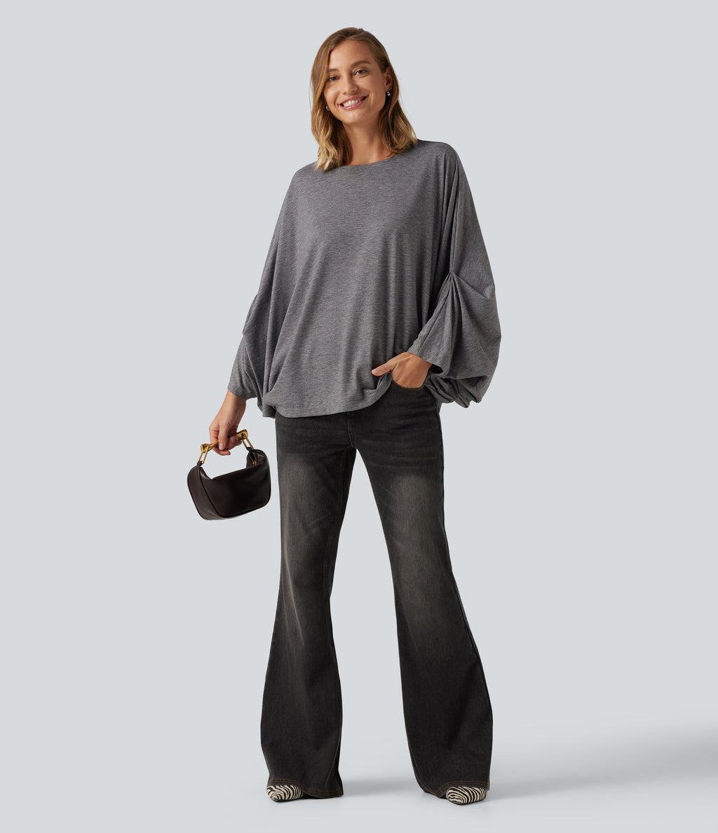Round Neck Batwing Long Sleeve Oversized Casual T-Shirt B-DD Cups — Darl Gray Floral Yarn — view 7