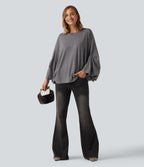 Round Neck Batwing Long Sleeve Oversized Casual T-Shirt B-DD Cups — Darl Gray Floral Yarn — view 7