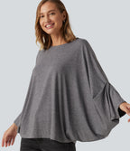 Round Neck Batwing Long Sleeve Oversized Casual T-Shirt B-DD Cups — Darl Gray Floral Yarn — view 4