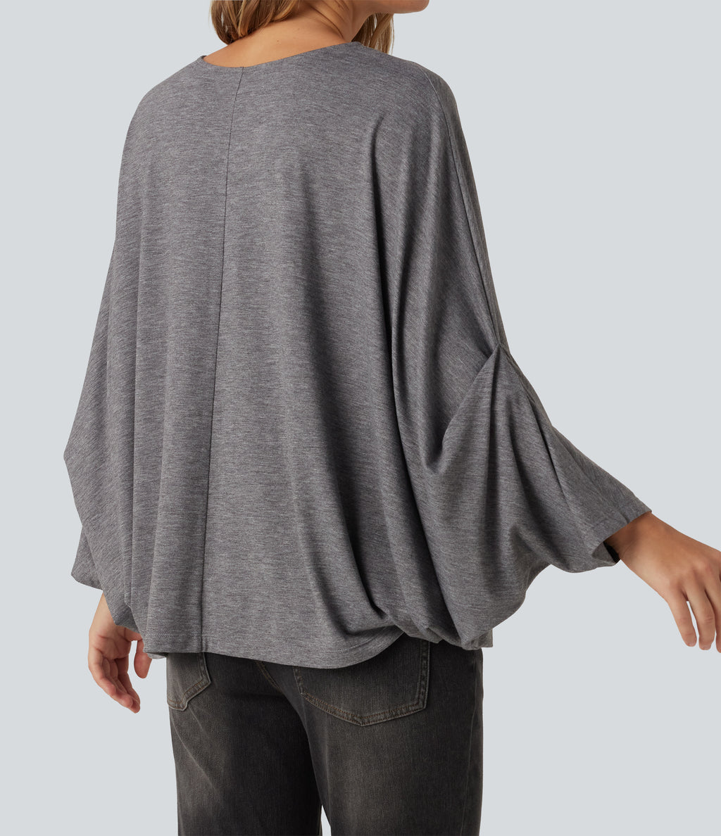 Round Neck Batwing Long Sleeve Oversized Casual T-Shirt B-DD Cups — Darl Gray Floral Yarn — view 5