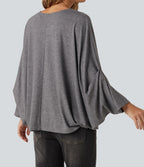 Round Neck Batwing Long Sleeve Oversized Casual T-Shirt B-DD Cups — Darl Gray Floral Yarn — view 5