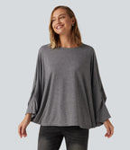 Round Neck Batwing Long Sleeve Oversized Casual T-Shirt B-DD Cups — Darl Gray Floral Yarn — view 3