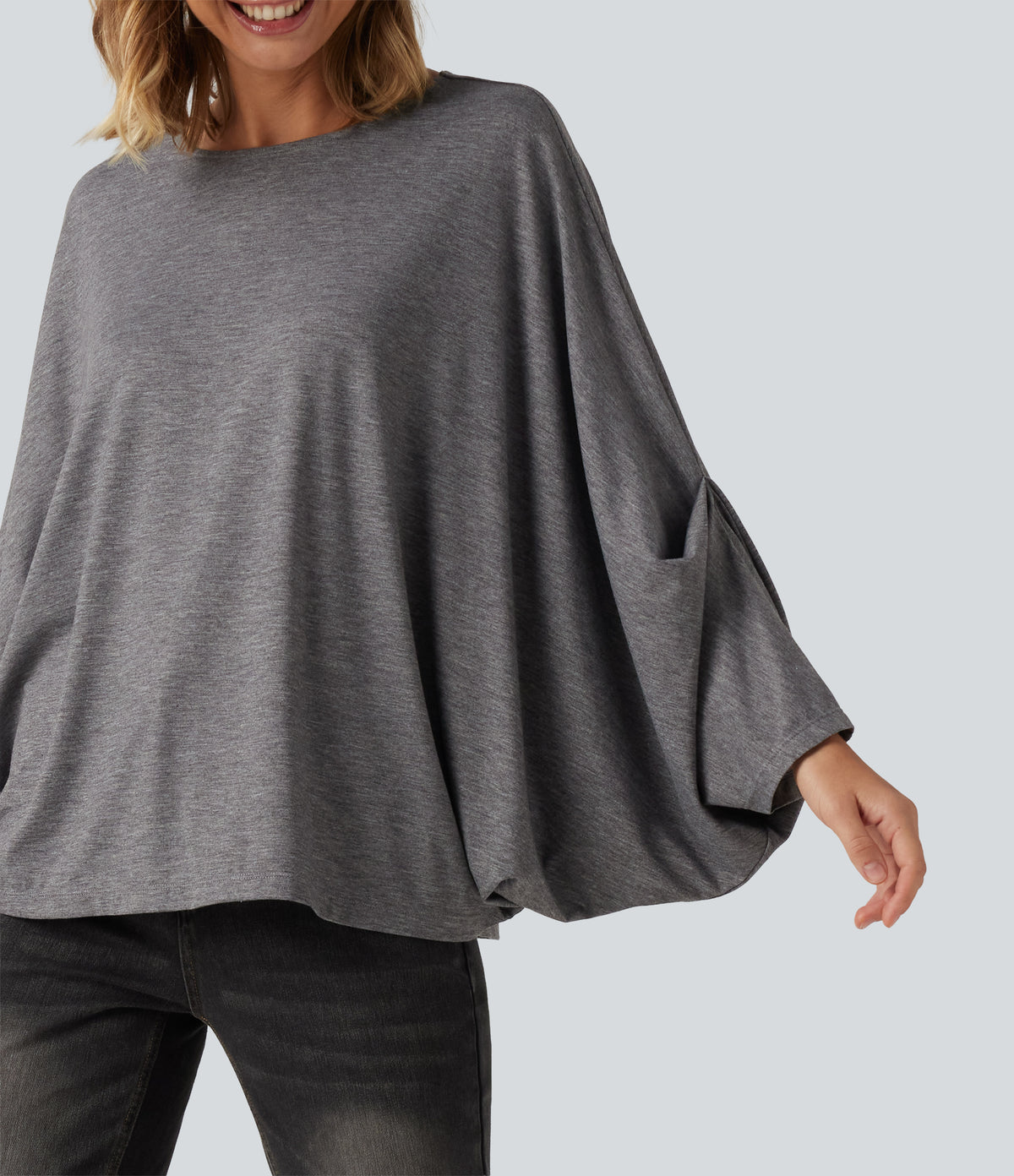 Round Neck Batwing Long Sleeve Oversized Casual T-Shirt B-DD Cups — Darl Gray Floral Yarn — view 6