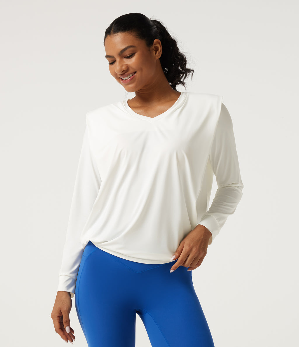 V Neck Long Sleeve Quick Dry Yoga Sports Top-UPF50+ — White — view 5