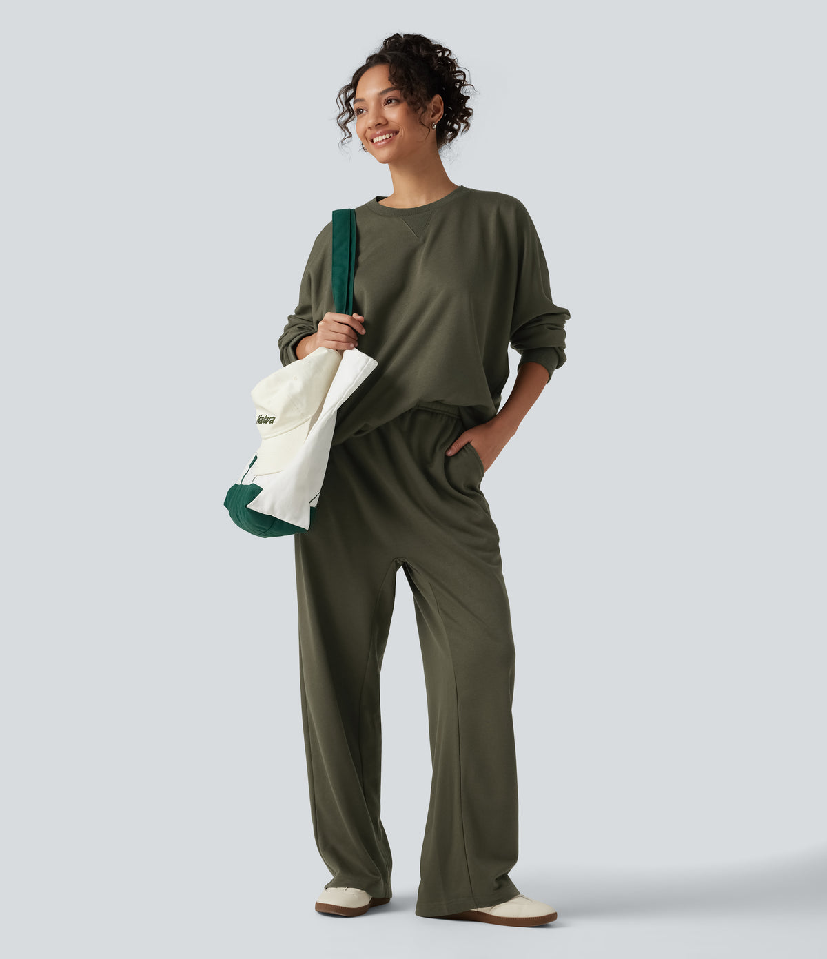 Round Neck Long Sleeve French Terry Casual Sweatshirt — Ivy Green — view 5