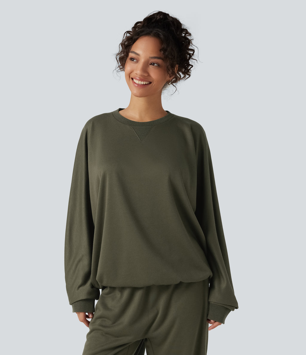 Round Neck Long Sleeve French Terry Casual Sweatshirt — Ivy Green — view 4