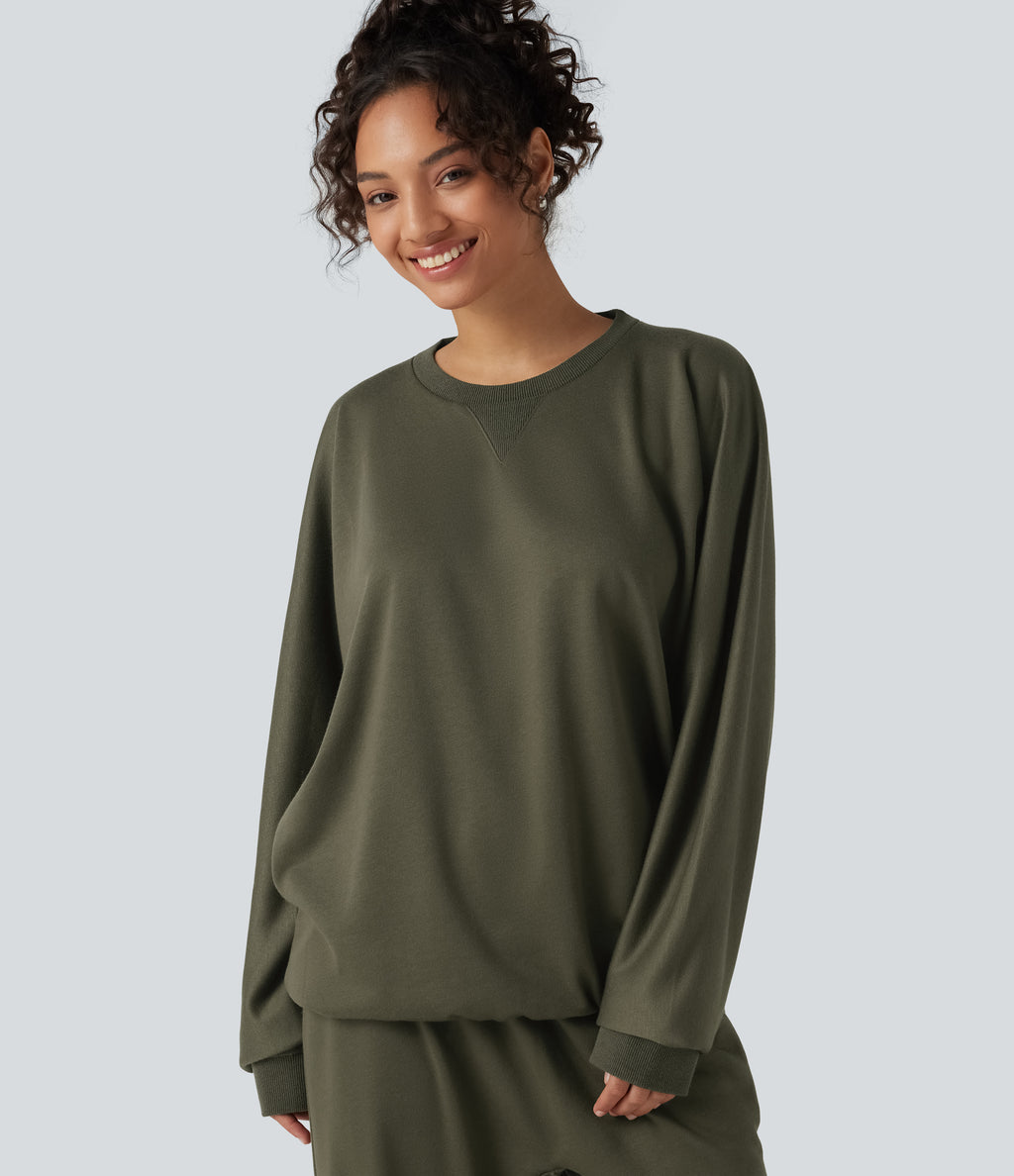 Round Neck Long Sleeve French Terry Casual Sweatshirt — Ivy Green — view 1
