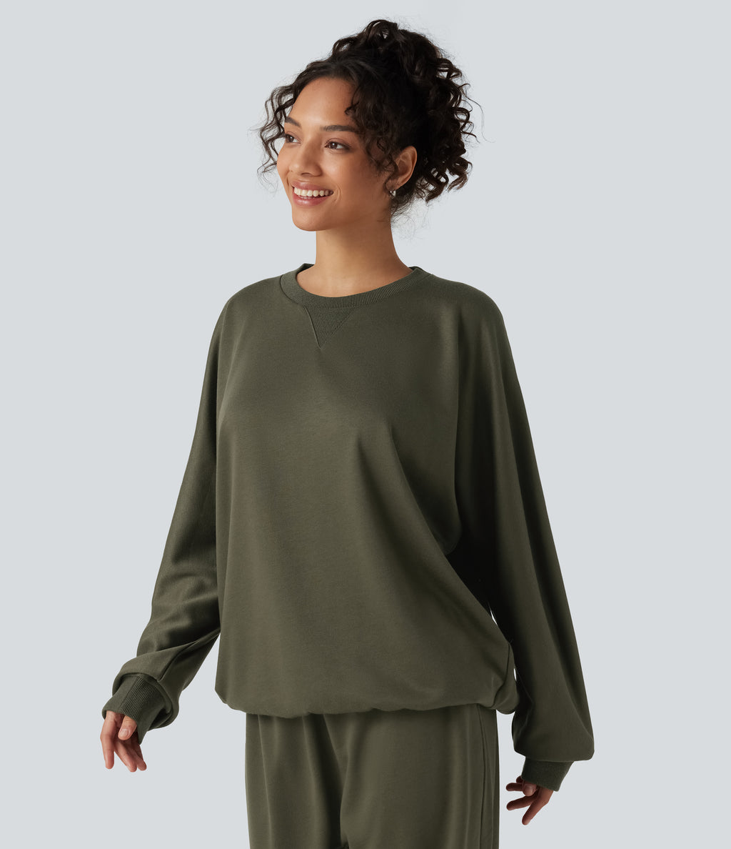 Round Neck Long Sleeve French Terry Casual Sweatshirt — Ivy Green — view 3