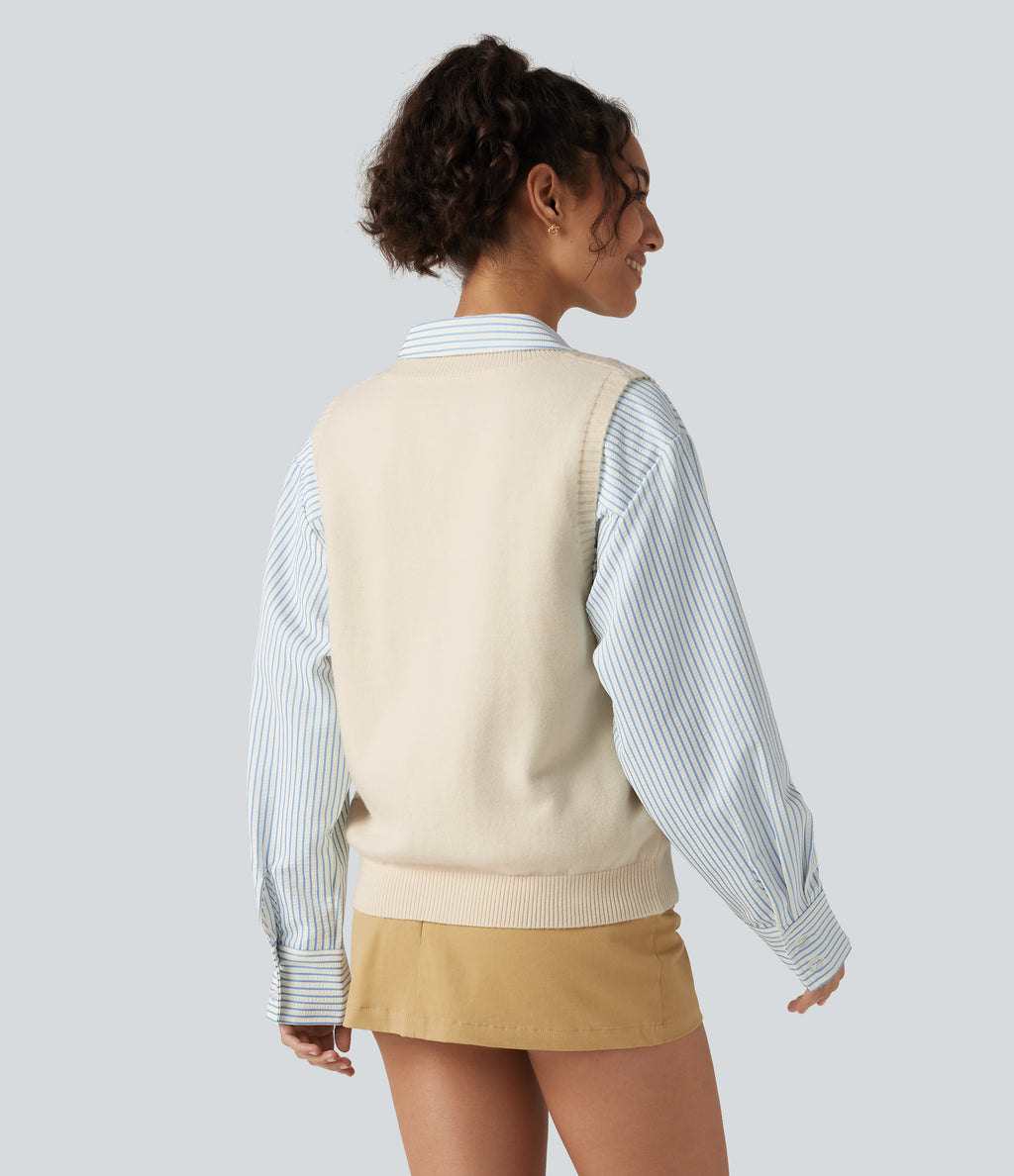 V Neck Sleeveless Casual Sweater Vest — Almond Milk — view 2