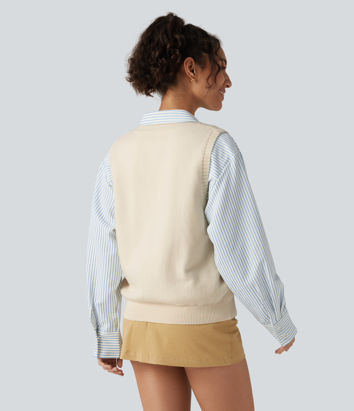 V Neck Sleeveless Casual Sweater Vest — Almond Milk — view 2