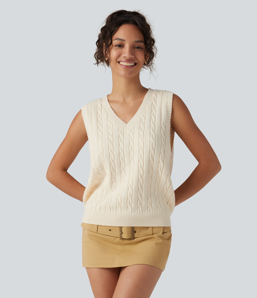 V Neck Sleeveless Casual Sweater Vest — Almond Milk — view 5