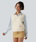 V Neck Sleeveless Casual Sweater Vest — Almond Milk — view 4