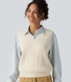 V Neck Sleeveless Casual Sweater Vest — Almond Milk — view 1