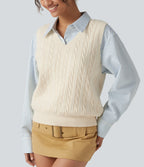 V Neck Sleeveless Casual Sweater Vest — Almond Milk — view 6