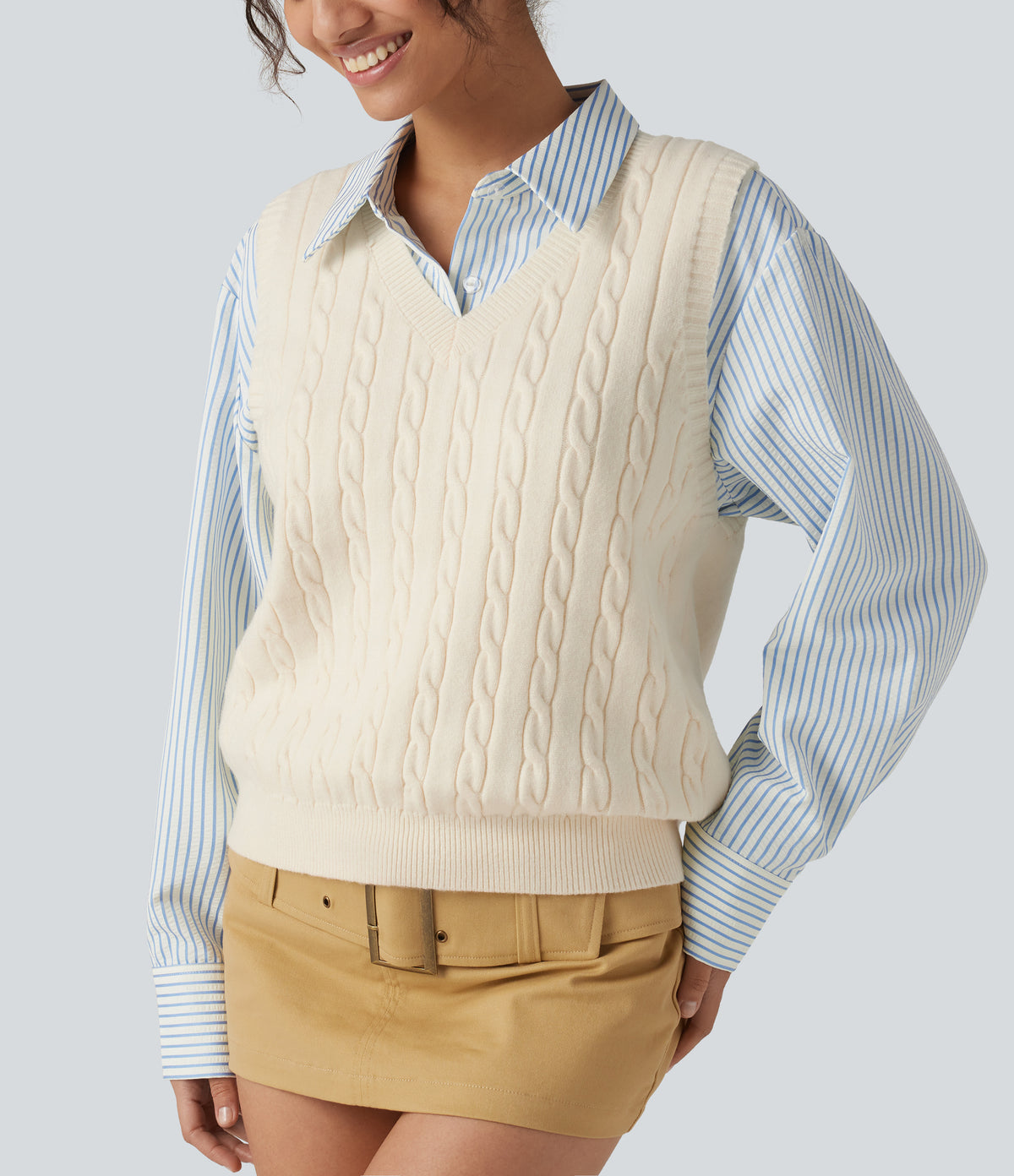 V Neck Sleeveless Casual Sweater Vest — Almond Milk — view 6