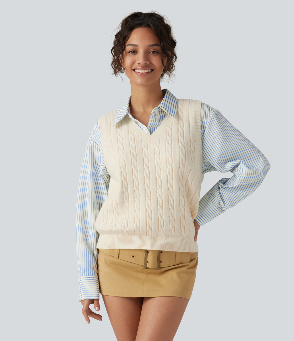 V Neck Sleeveless Casual Sweater Vest — Almond Milk — view 3