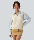 V Neck Sleeveless Casual Sweater Vest — Almond Milk — view 3