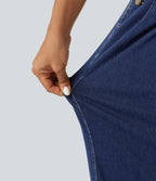 High Waisted Wide Leg Casual Jeans with Pockets — Estate Blue Denim — view 6