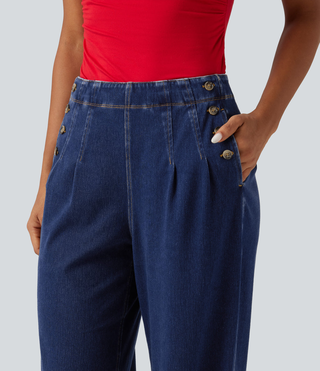High Waisted Wide Leg Casual Jeans with Pockets — Estate Blue Denim — view 4