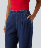 High Waisted Wide Leg Casual Jeans with Pockets — Estate Blue Denim — view 4