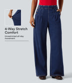 High Waisted Wide Leg Casual Jeans with Pockets — Estate Blue Denim — view 1