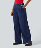 High Waisted Wide Leg Casual Jeans with Pockets — Estate Blue Denim — view 3