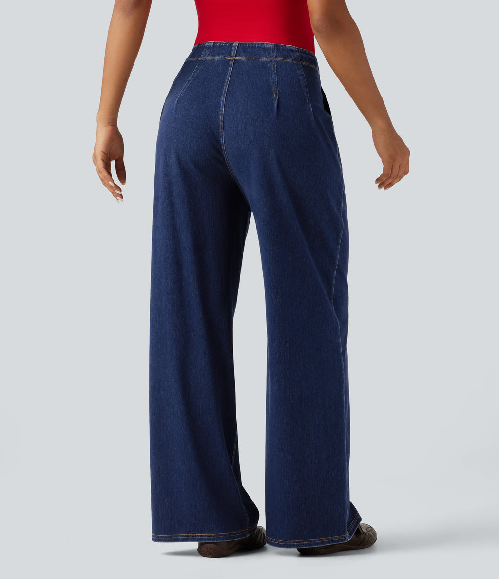 High Waisted Wide Leg Casual Jeans with Pockets — Estate Blue Denim — view 2