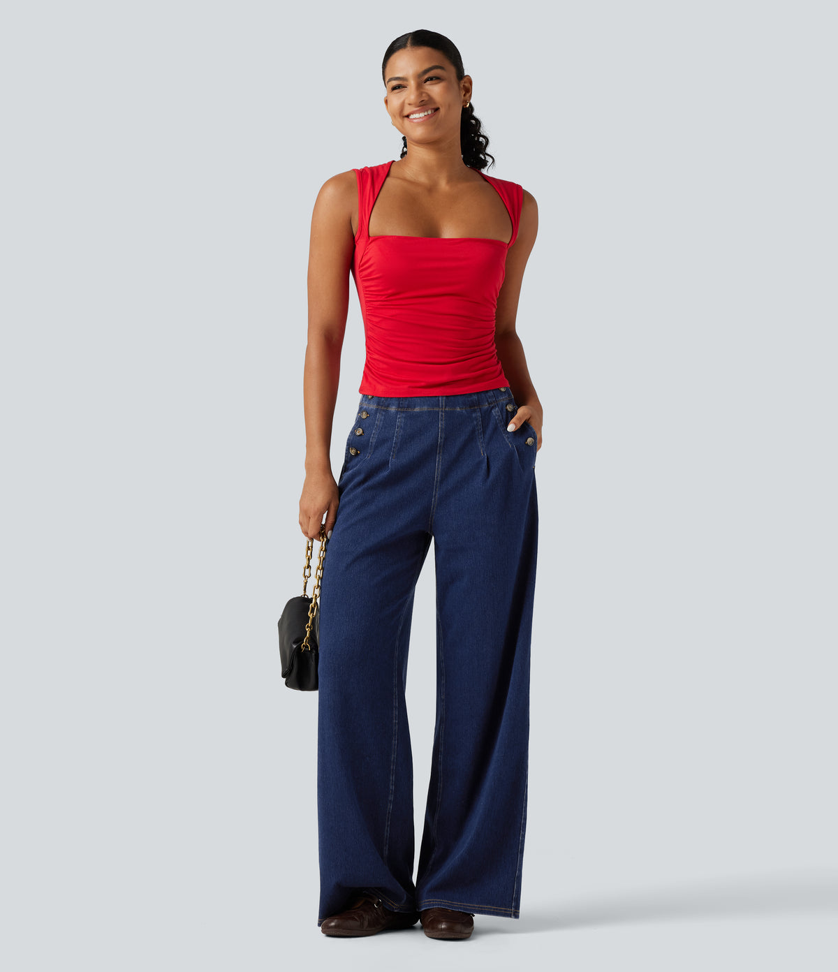 High Waisted Wide Leg Casual Jeans with Pockets — Estate Blue Denim — view 7