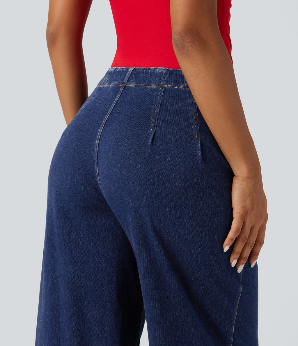 High Waisted Wide Leg Casual Jeans with Pockets — Estate Blue Denim — view 5