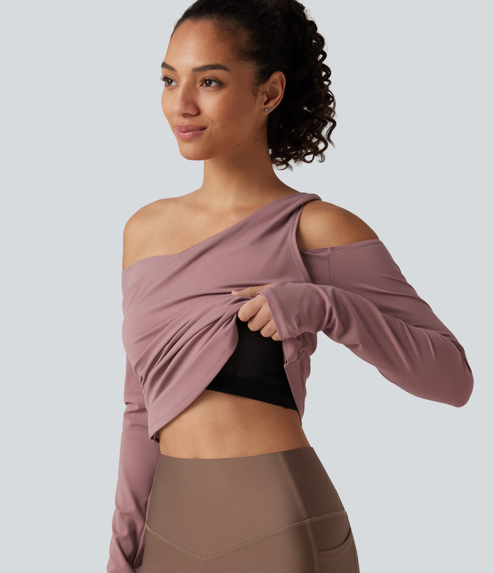 One Shoulder Long Sleeve Thumb Hole Ruched Built-in Bra InstantCool Quick Dry Yoga Sports Top-UPF50+ — Nostalgia Rose — view 1
