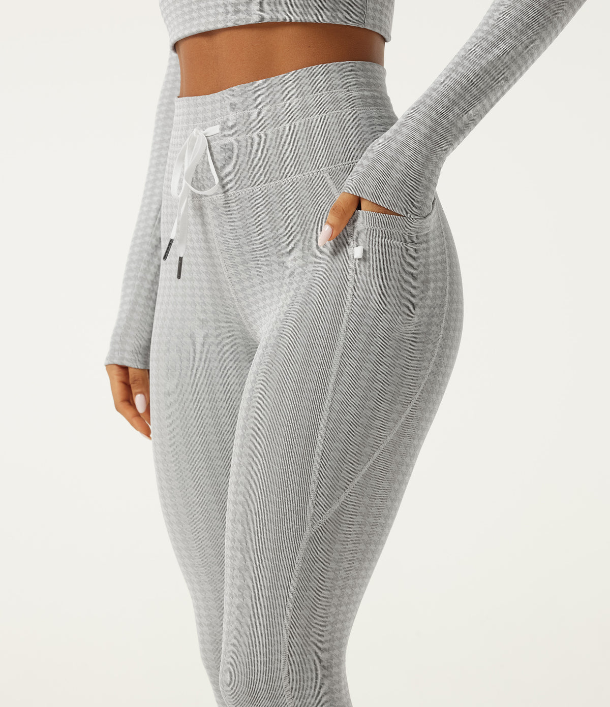 High Waisted Houndstooth Drawstring Yoga Legging with Pockets — Fog Grey Stripe — view 5