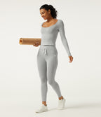 High Waisted Houndstooth Drawstring Yoga Legging with Pockets — Fog Grey Stripe — view 6