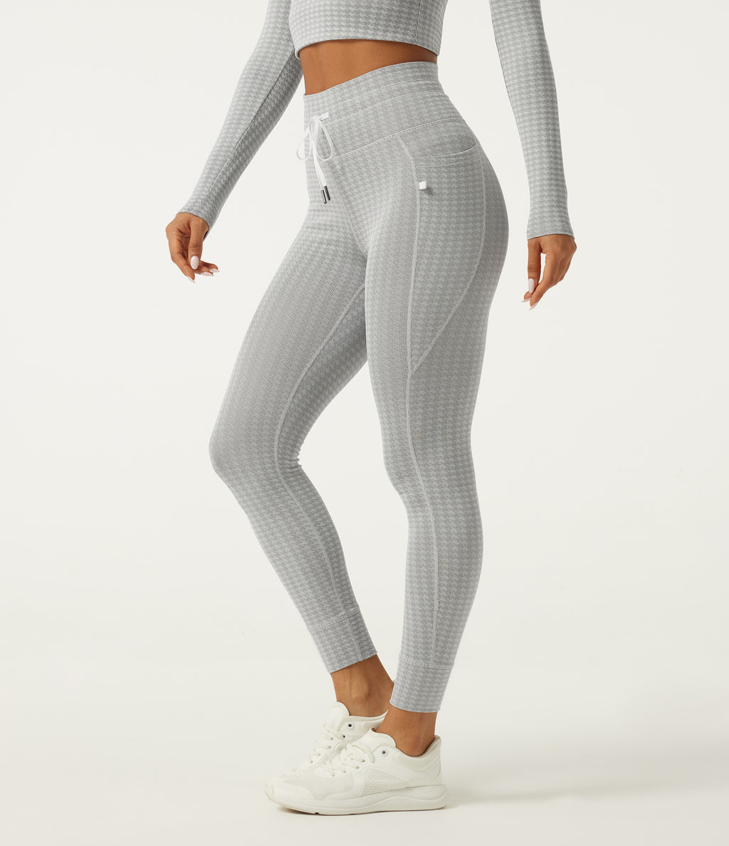 High Waisted Houndstooth Drawstring Yoga Legging with Pockets — Fog Grey Stripe — view 3