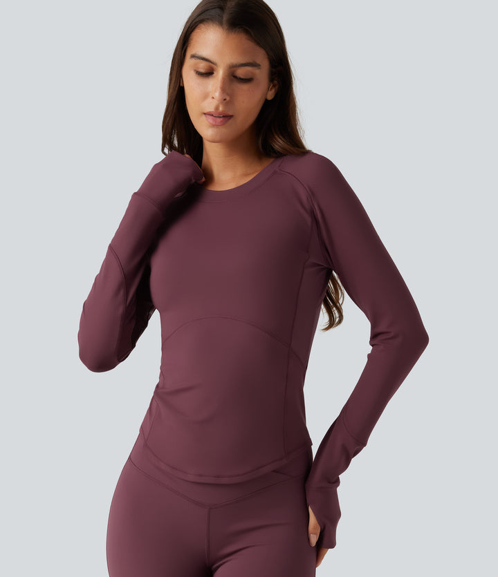 Round Neck Long Sleeve Contrast Mesh Thumb Hole Curved Hem Quick Dry Yoga Sweatshirt — Red Mahogany — view 1
